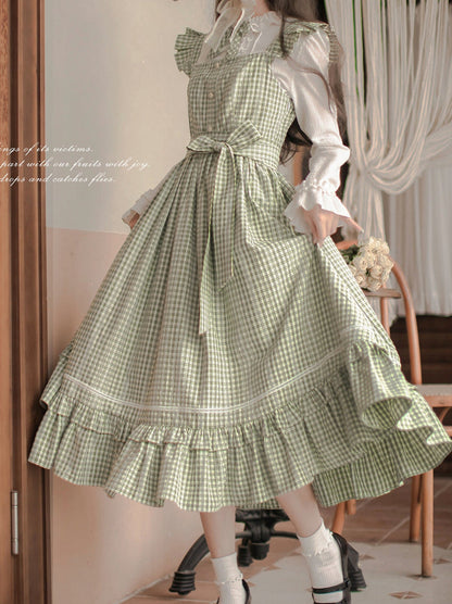 Collar Dress Shirt Ribbon Check + Set Ruffle French Shoulder Green Ruffle Forest