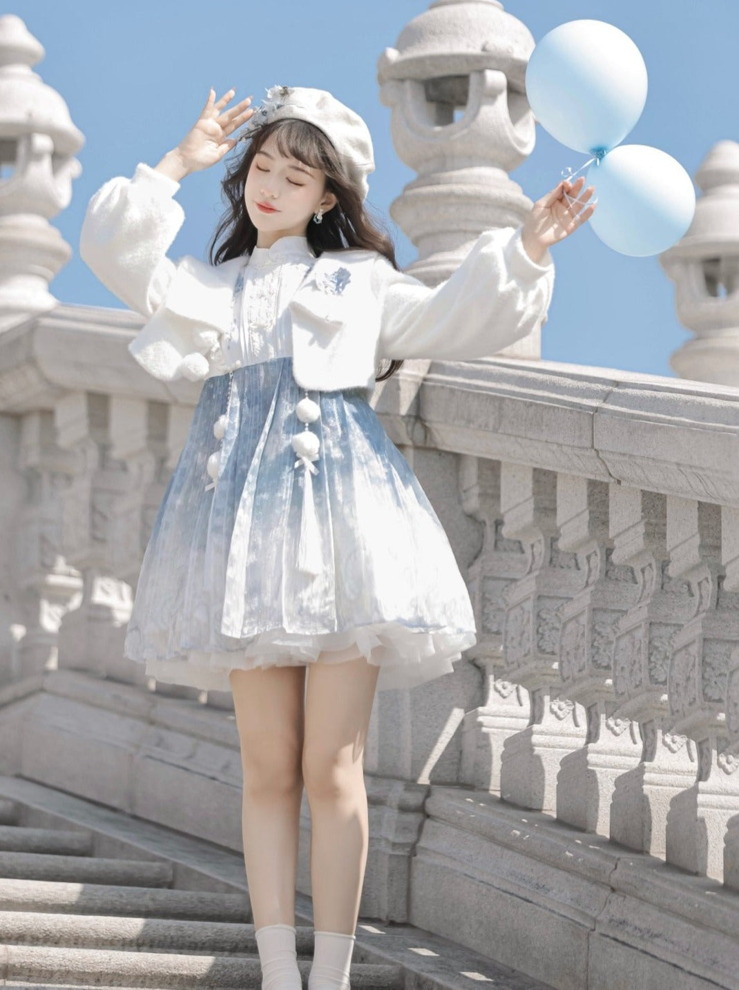 ドレス ショート ブルー チャイニーズファーコート アイス