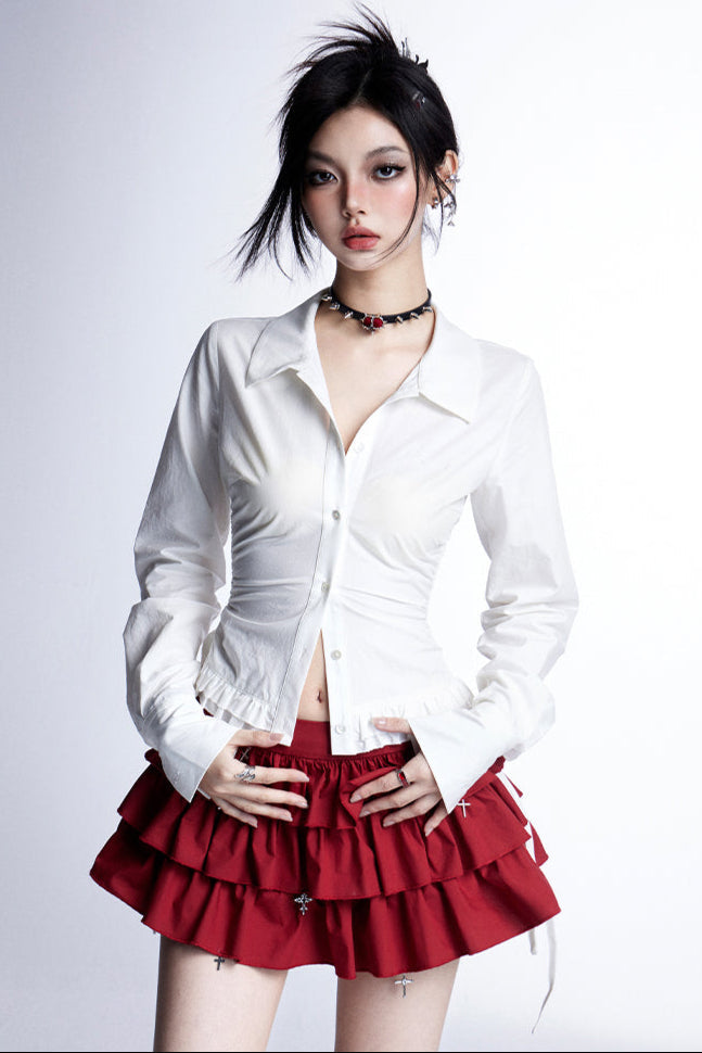 + クロスケーキフリルフーディースカートスリムフード付きトップチューブ