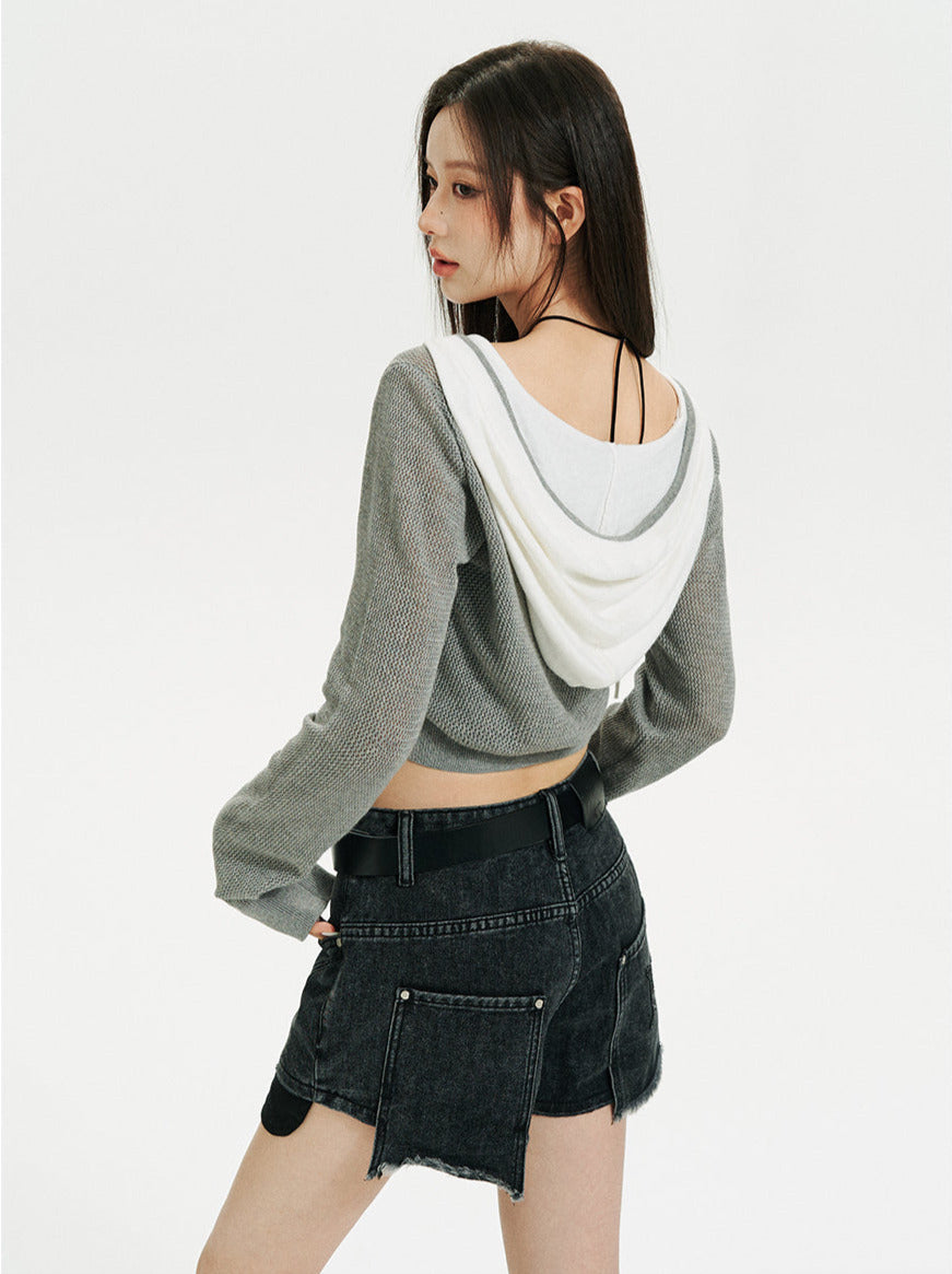 Kurzer/langer Hoodie aus transparentem Netzstrick mit Reißverschluss