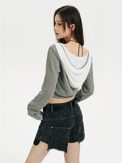 Kurzer/langer Hoodie aus transparentem Netzstrick mit Reißverschluss