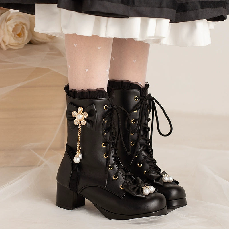 30-43 Lolita Bow & Pearl Embellished Knee-High Boots