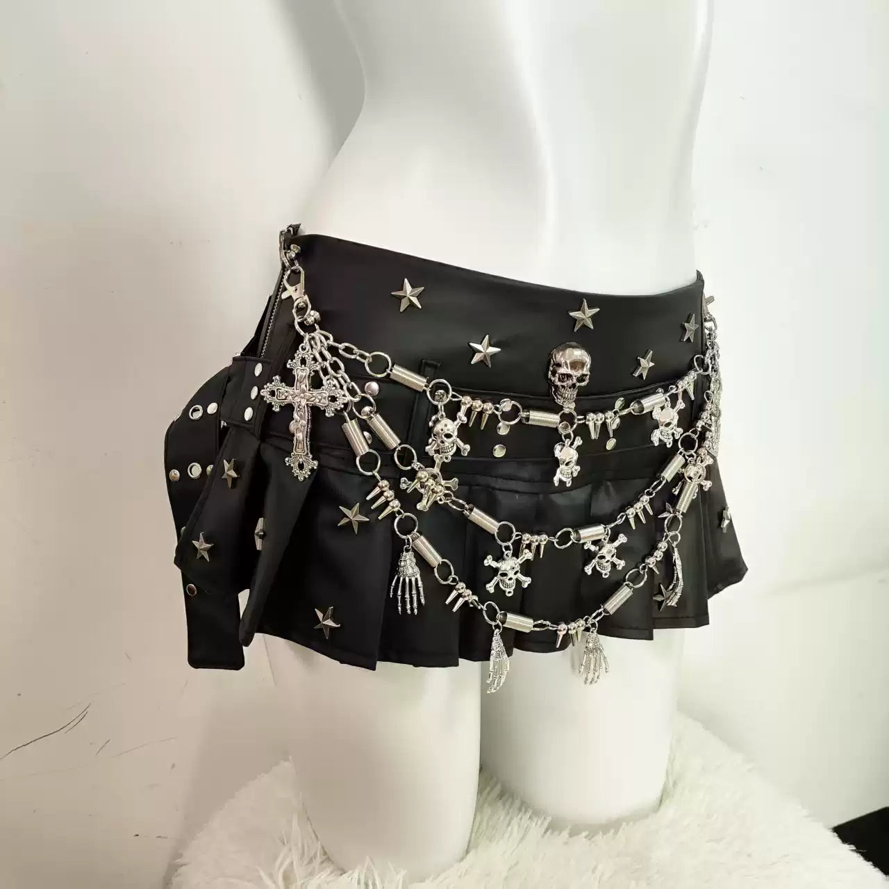 Gothic Punk Y2K PU Leather Pleated Skirt Skeleton Chain Short Skirt