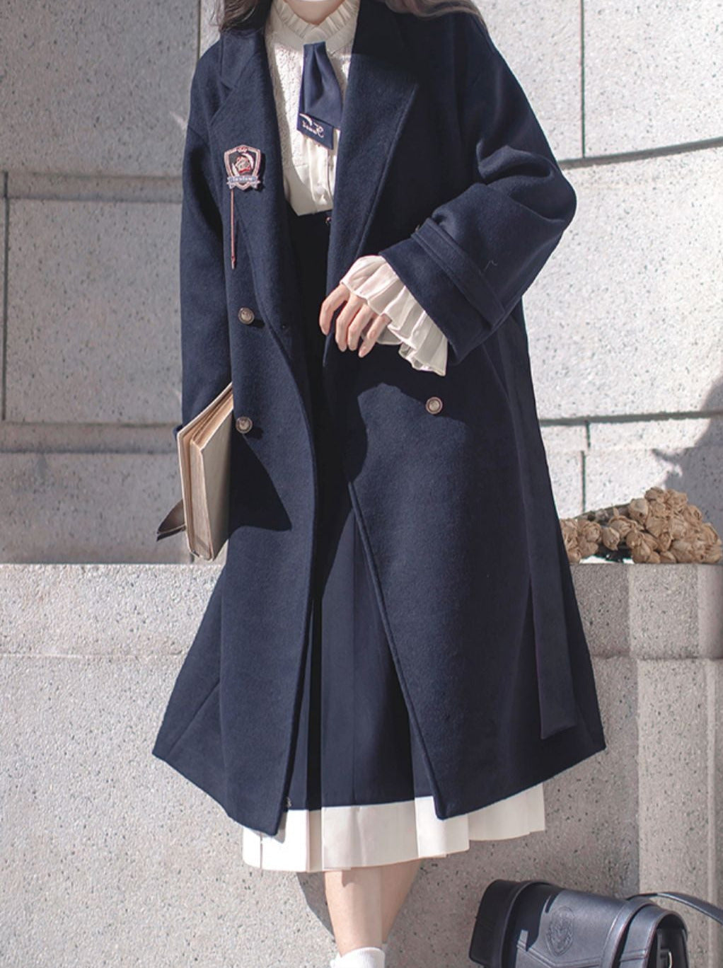 ダブルブレスト カレッジ エレガント ウール コクーンコート ブルー