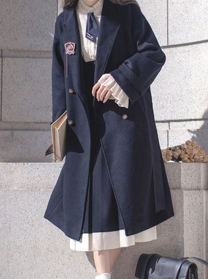 ダブルブレスト カレッジ エレガント ウール コクーンコート ブルー