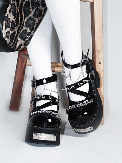 魔女パンクラウンドシューズリベットダークローズプラットフォームトゥ