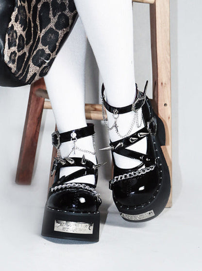 魔女パンクラウンドシューズリベットダークローズプラットフォームトゥ