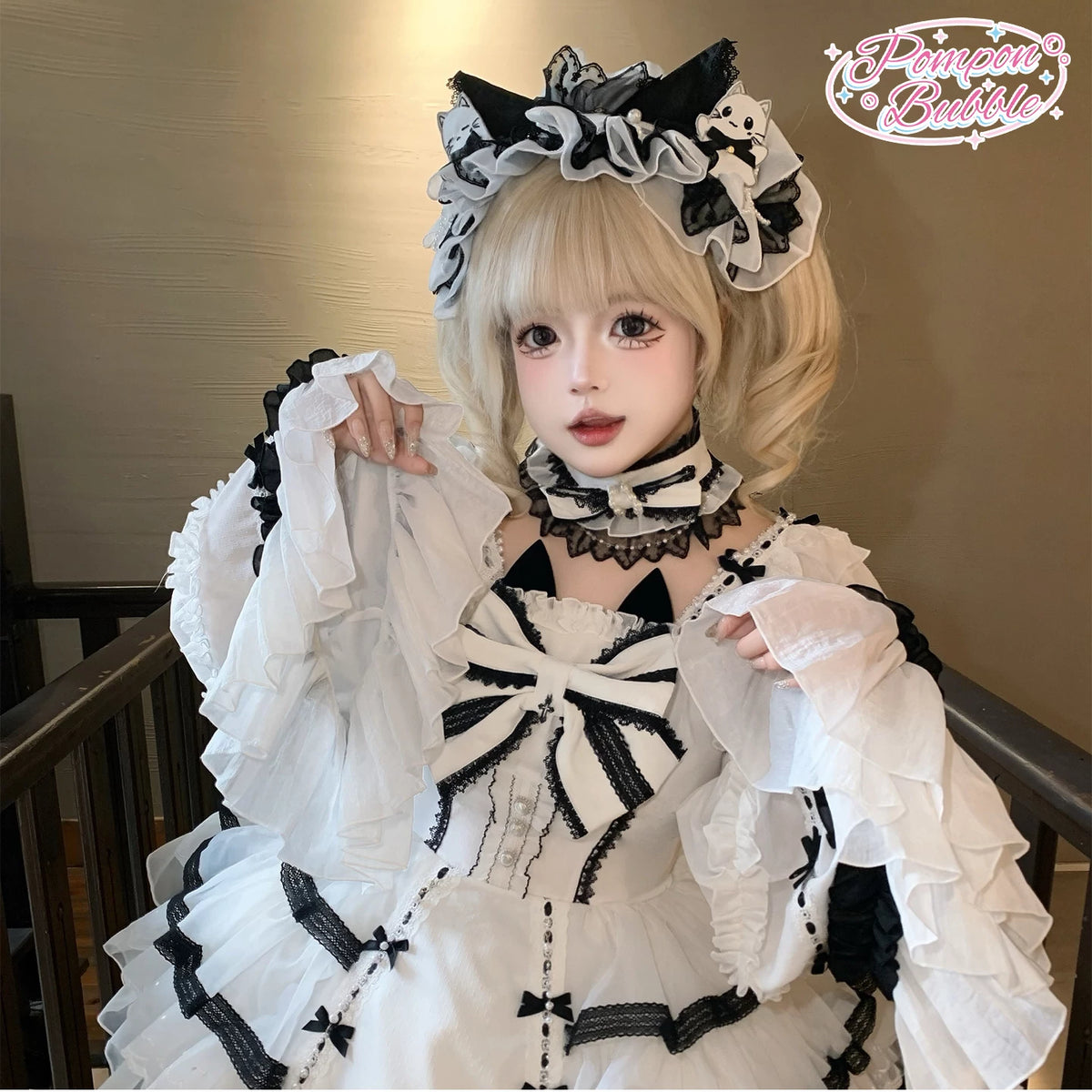 Pompon Bubble Ghost Princess black and white Lolita JSK on blonde model