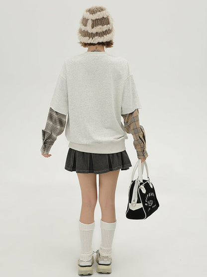 Sleeve Pullover Check American Sweat Faux Two-Piece Asymmetrical