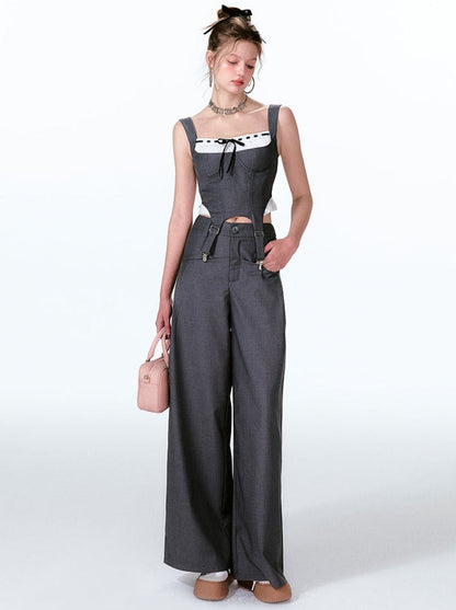 Wide Two-piece + Design Contrast Faux Vest Mint-cool Pants