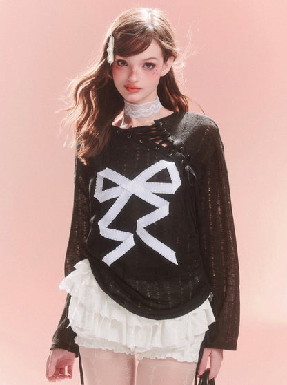 Transparentes, asymmetrisches Spitzenoberteil mit Schleife