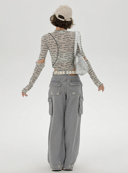 Ärmel Split Kurz Print Slim Top Buchstabe