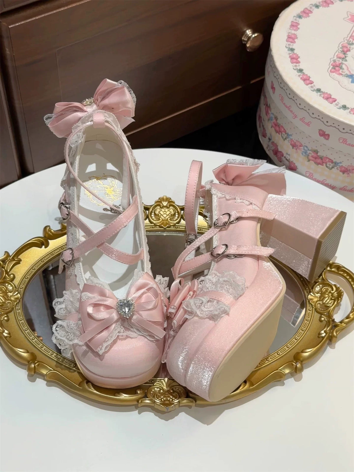 Light Pink Ballet Sweetheart platform heels with jewel-style bow accents