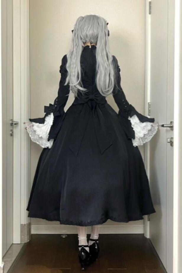 Gothic Black and White Widow Lace Princess Sleeve Faux Two-Piece Long Dress