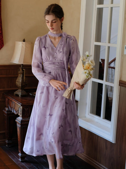 プリントドレス シフォン ブルーム フレンチ バタフライ