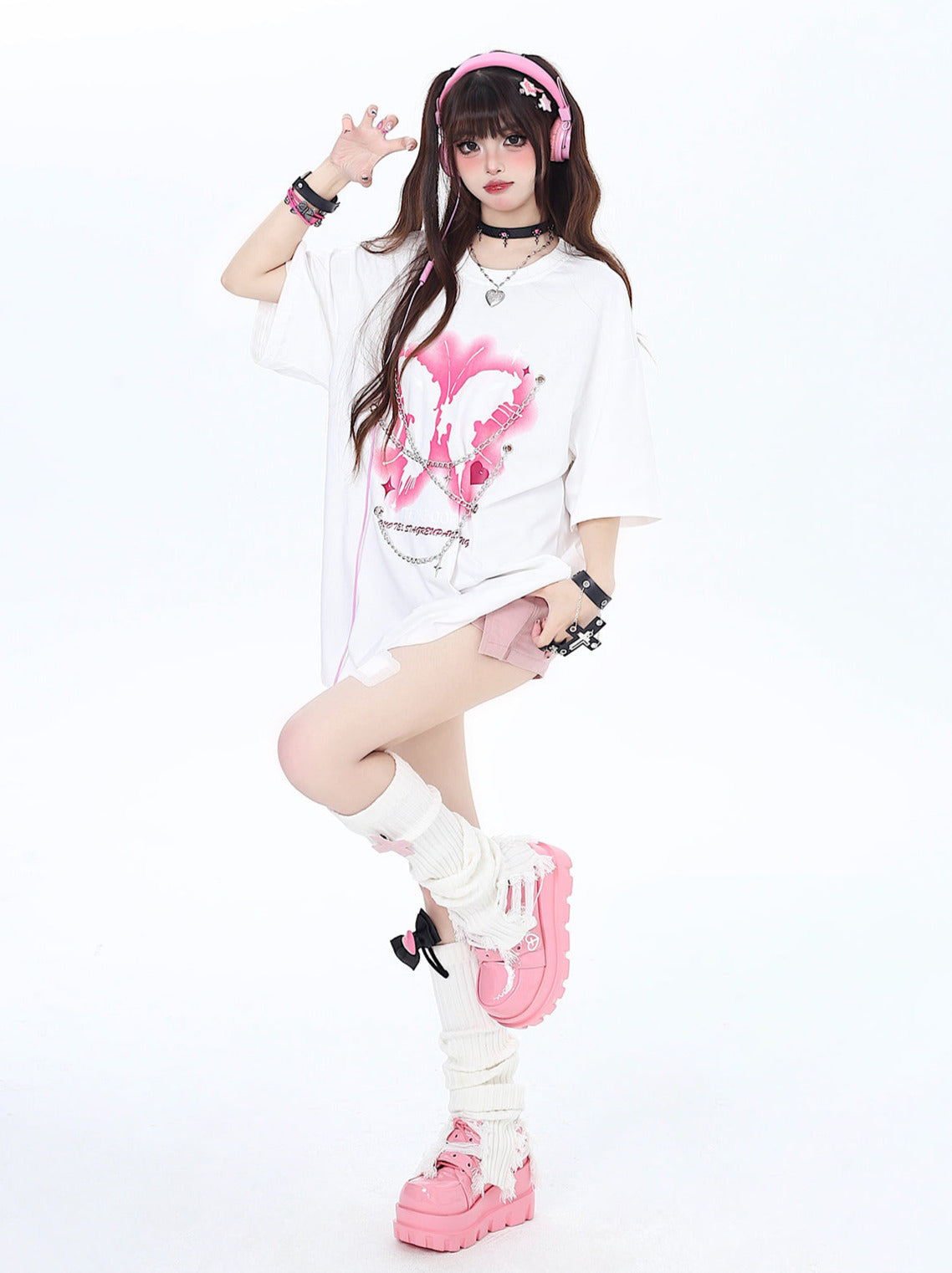 チェーンバタフライパンクロックアメリカンTシャツメタルプリント