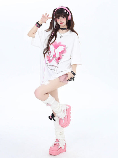 チェーンバタフライパンクロックアメリカンTシャツメタルプリント