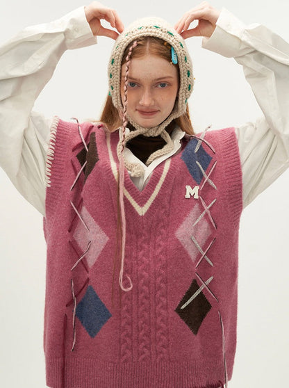 Vest Lace-up Argyle Over-Knit