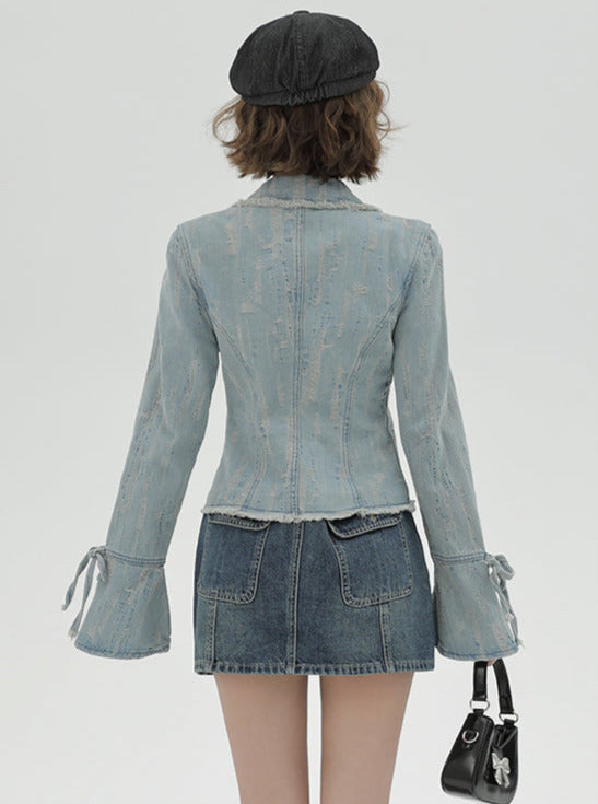 レトロアメリカンウォッシュスーツカラーデニムジャケット