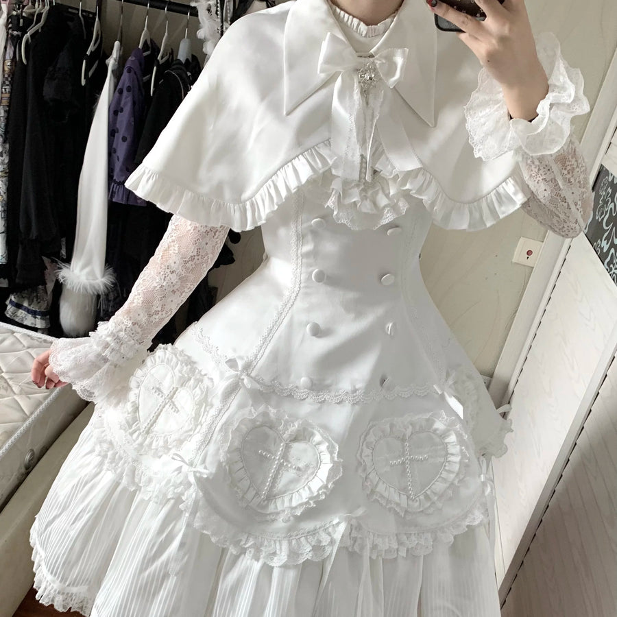 White Night Cross lace cape and OP dress styling detail