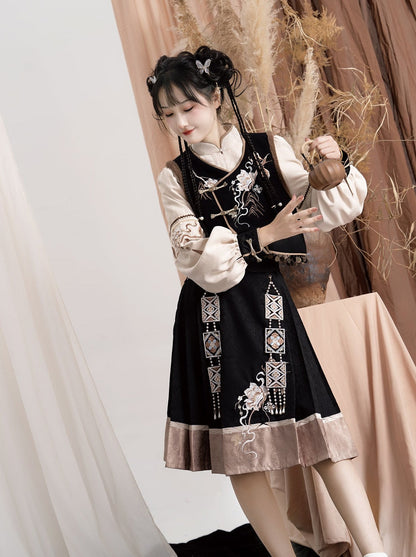 エキゾチックプラスブラウスベストフラワースリーブバッグショルダーバルーンフレアスカート