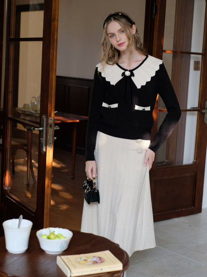 セーターブロックウェブリボンレトロラペルフレンチカラーカーディガン