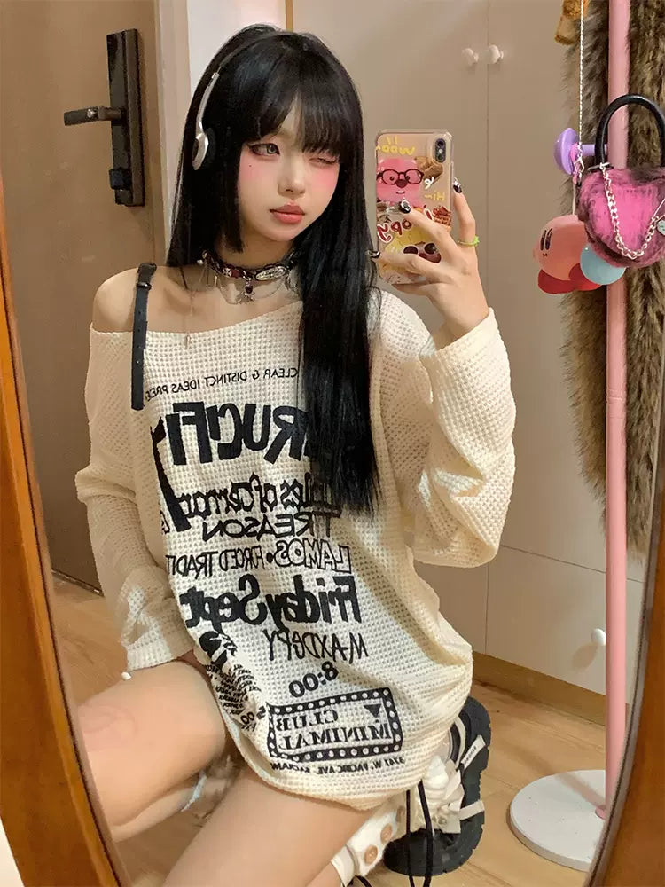 Off-Shoulder Style Knit Print Lazy Letter