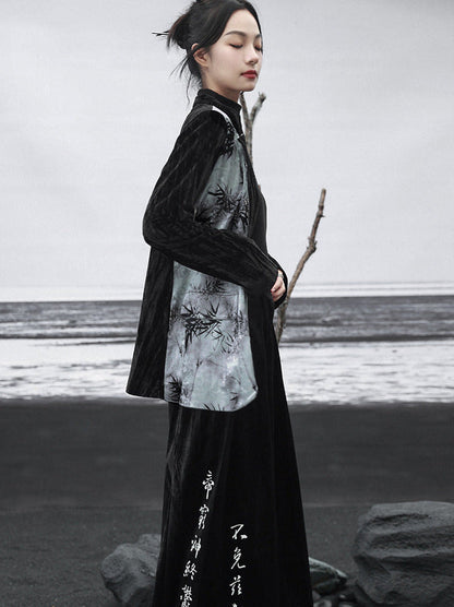 中国プリントジャケット コントラスト竹ベルベットカラースプライシング