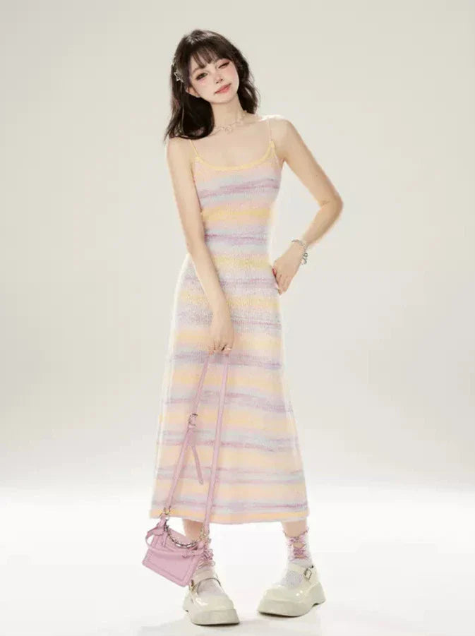 ニットサマードレス サスペンダー レインボーストライプ