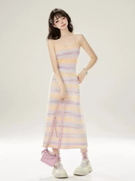 ニットサマードレス サスペンダー レインボーストライプ