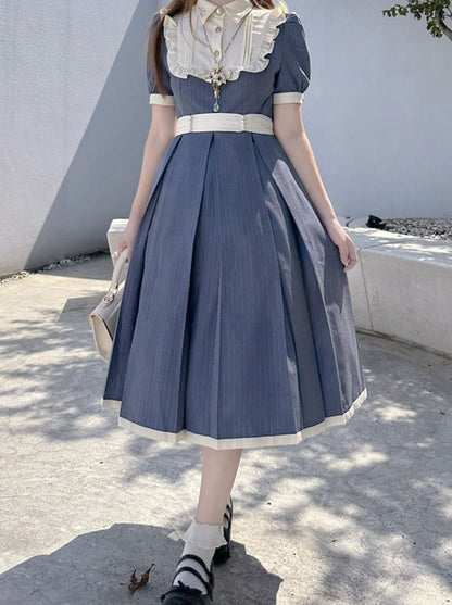 Retro Taillenkragen Sommergürtel Weißes Kleid Rüschen