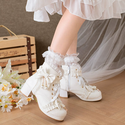 28-43 Lolita Ruffle Bow Pearl Decor Knee-High Boots