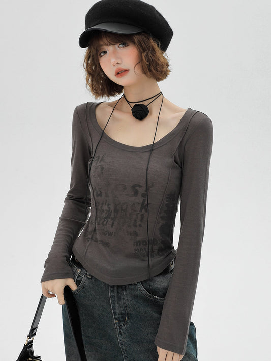 American Slim Retro Long Letter Grey T