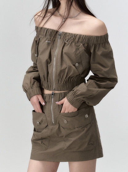 モードなオフショルダートップス＋ダブルポケットスカート
