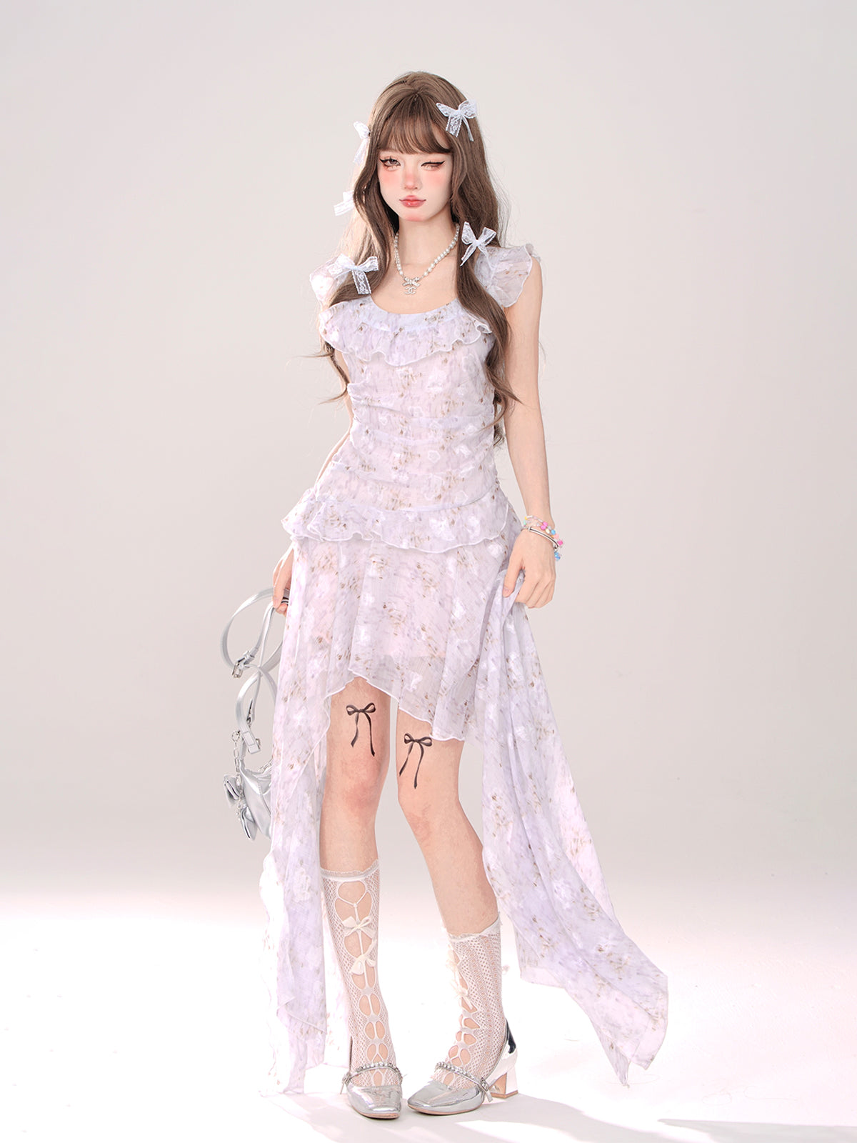 透け感のあるフローラルフリルのスイートドレスカーディガン + イレギュラーミルキーロング