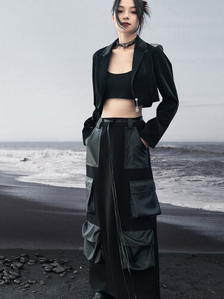 Schlitz Großer Stricktaschen Lederrock Dunkel