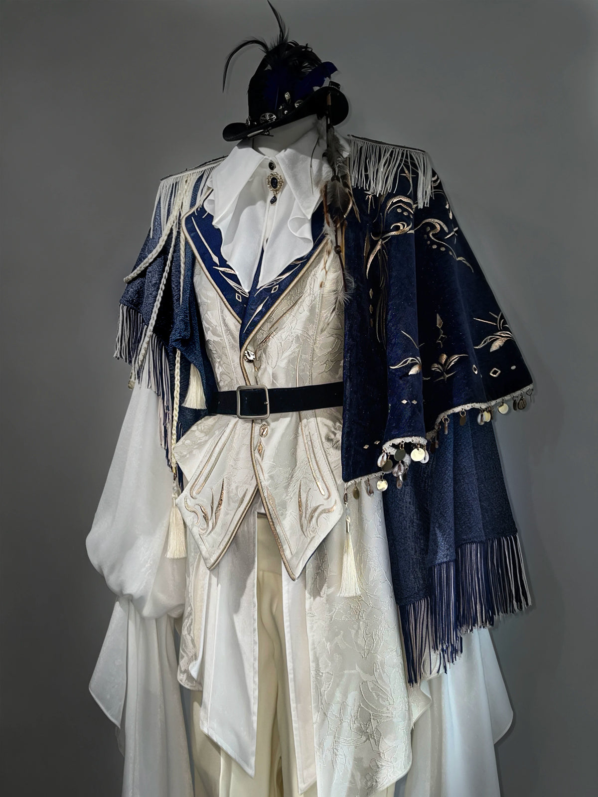 The Fool Navy shirt, vest, cape and jazz hat on mannequin — ZERO The Fool collection