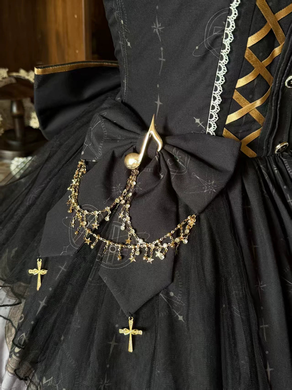 Pair of black Cat Choir waist bows with decorative chains