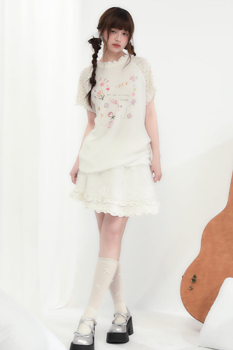 ラウンドネックハートフローラルトップス