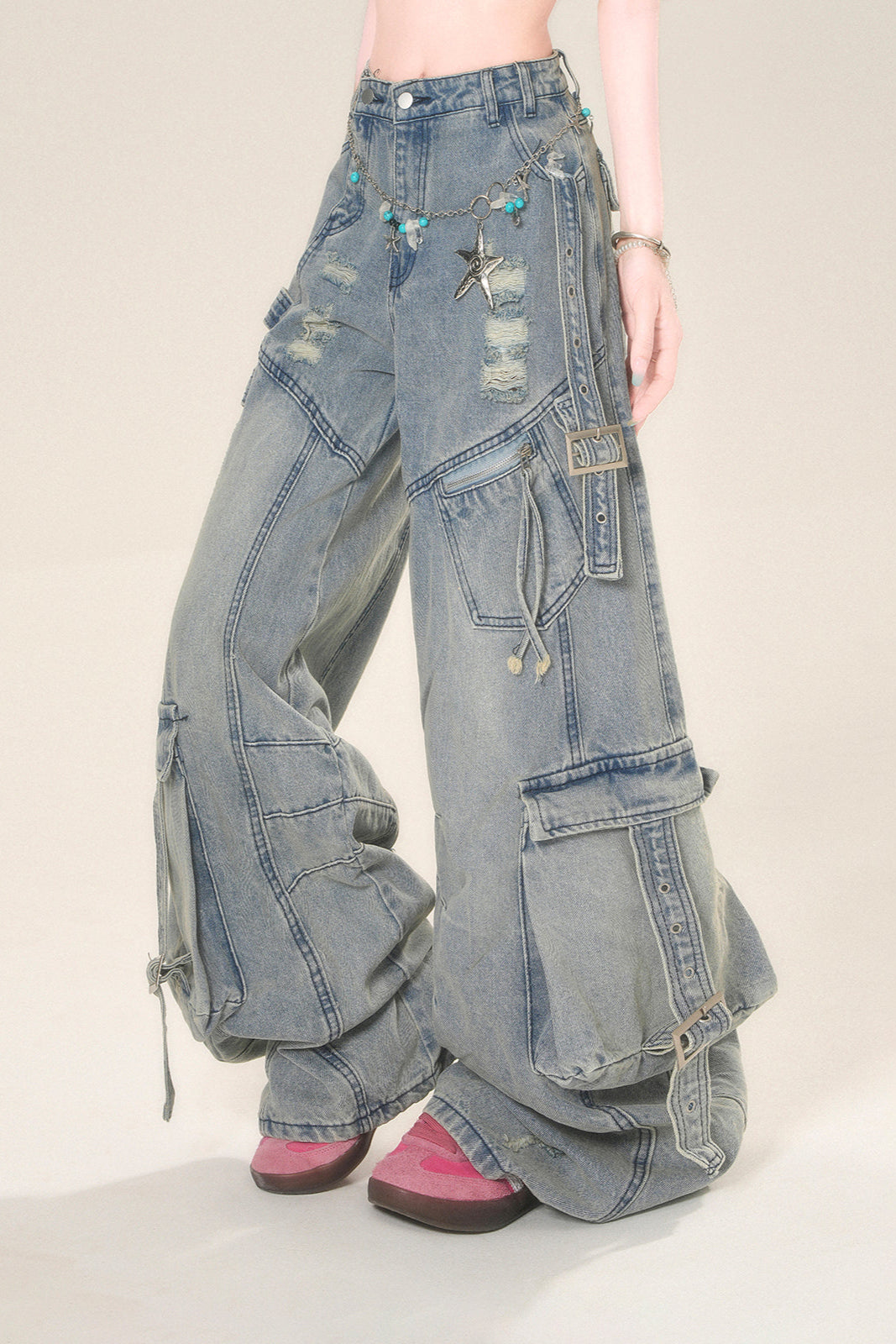 ストリートハイワイドリップデニムパンツ