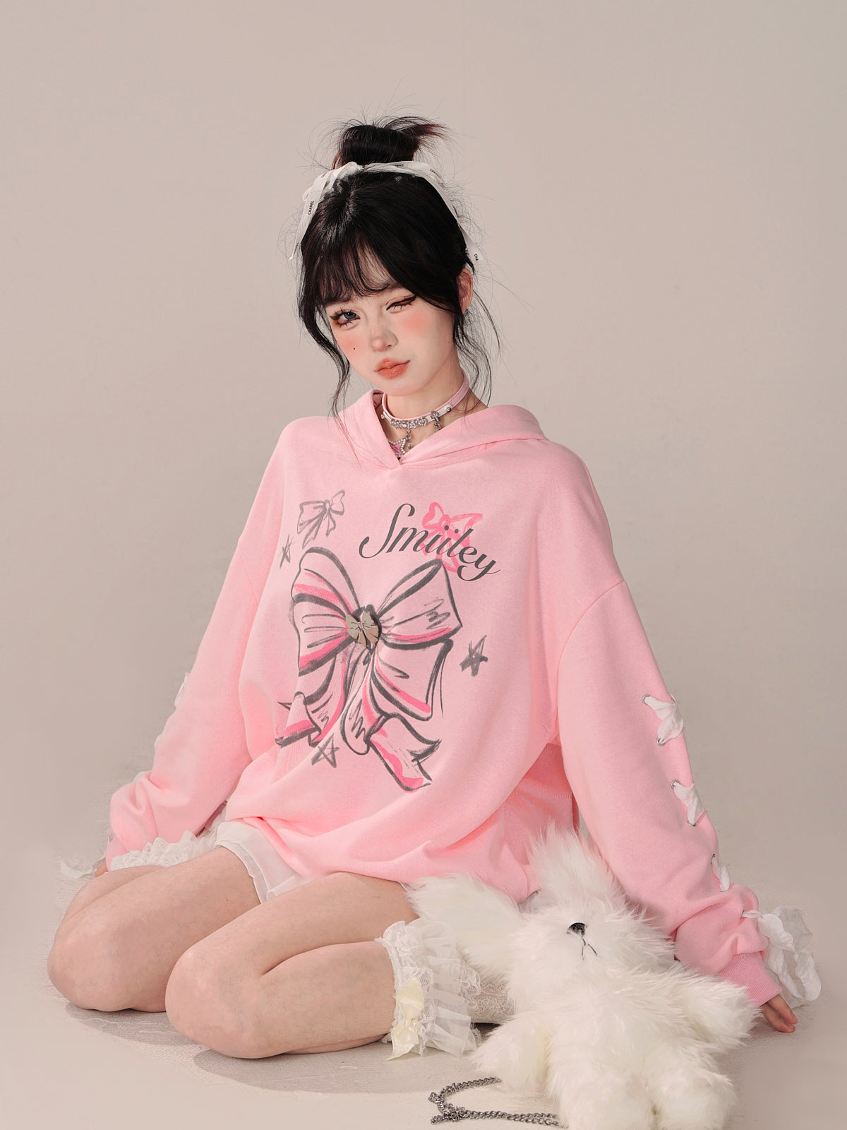 Lockerer Parka mit Kapuze und Schnürung im Armband-Design mit Hasenmotiv