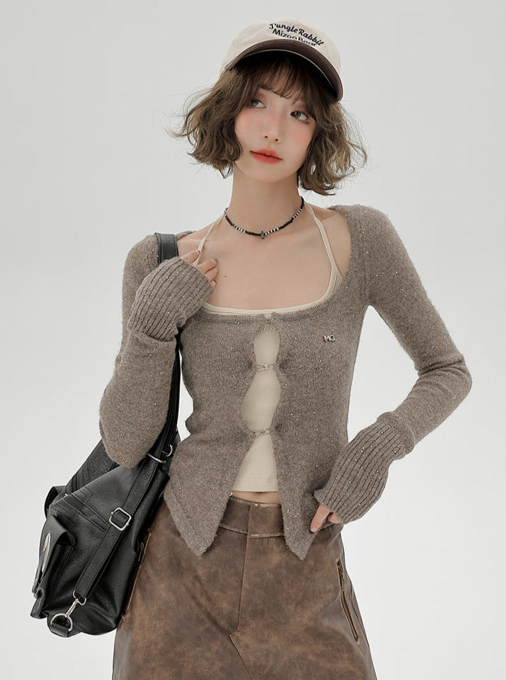 カーディガントップ レトロ サスペンダー スリム シャイニー アメリカン