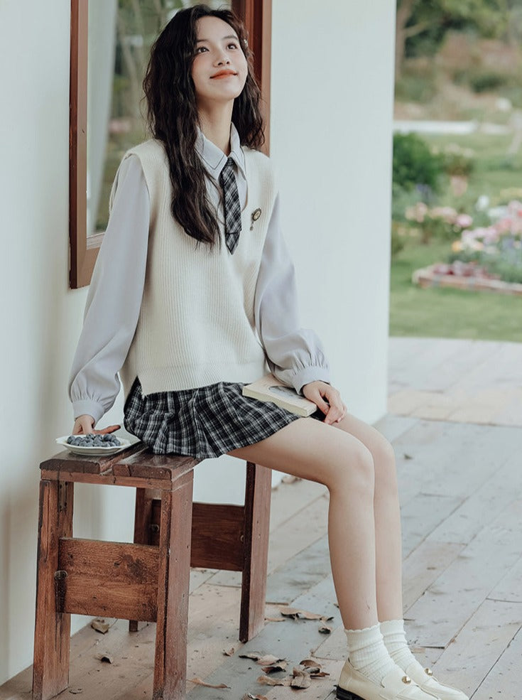 Vest College Skirt Colored Checked Knit Retro Shirt