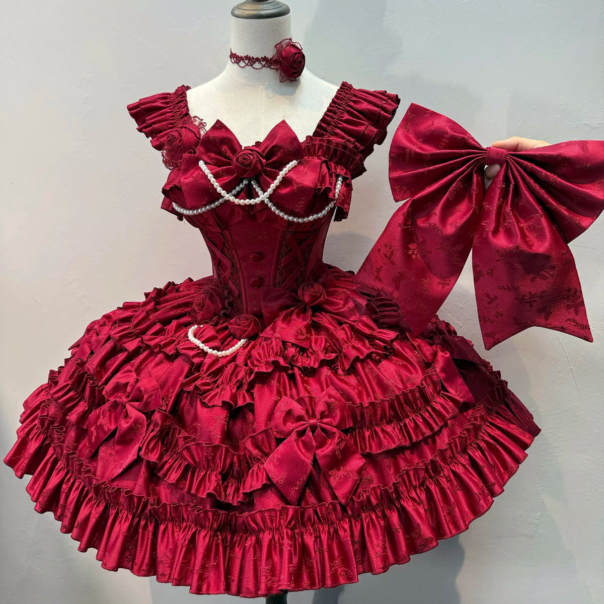 Burgundy ruffle Lolita dress with detachable trailing bow
