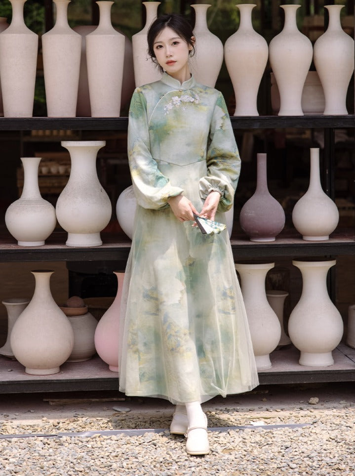 Neck Marbled Green Dress China Half