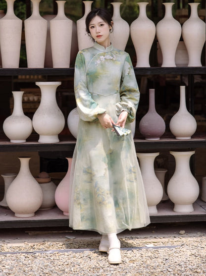 Neck Marbled Green Dress China Half