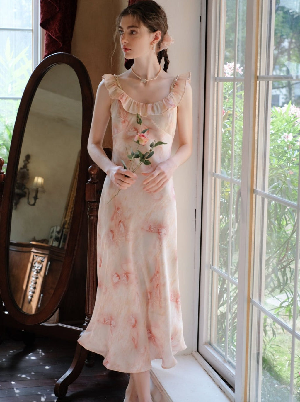 Long Suspender Dress Flower Blouse Cardigan + Sheer