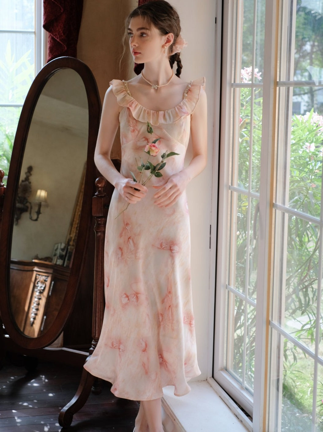 ロングサスペンダードレス フラワーブラウス カーディガン + シアー