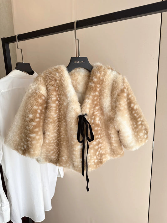 Bambi Faux Mink Plush Cape Coat – Sweet V-Neck Short Cloak