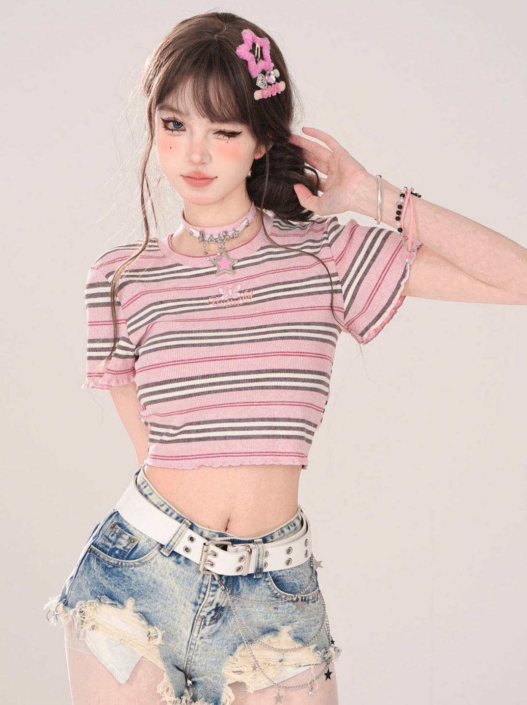 Short Pink T-Shirt Romantic Slim Stripe